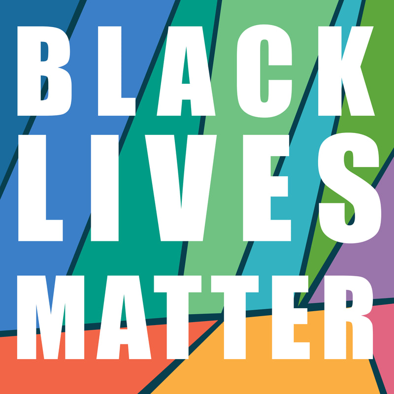 A Black Lives Matter image with white text on a stained-glass inspired background.