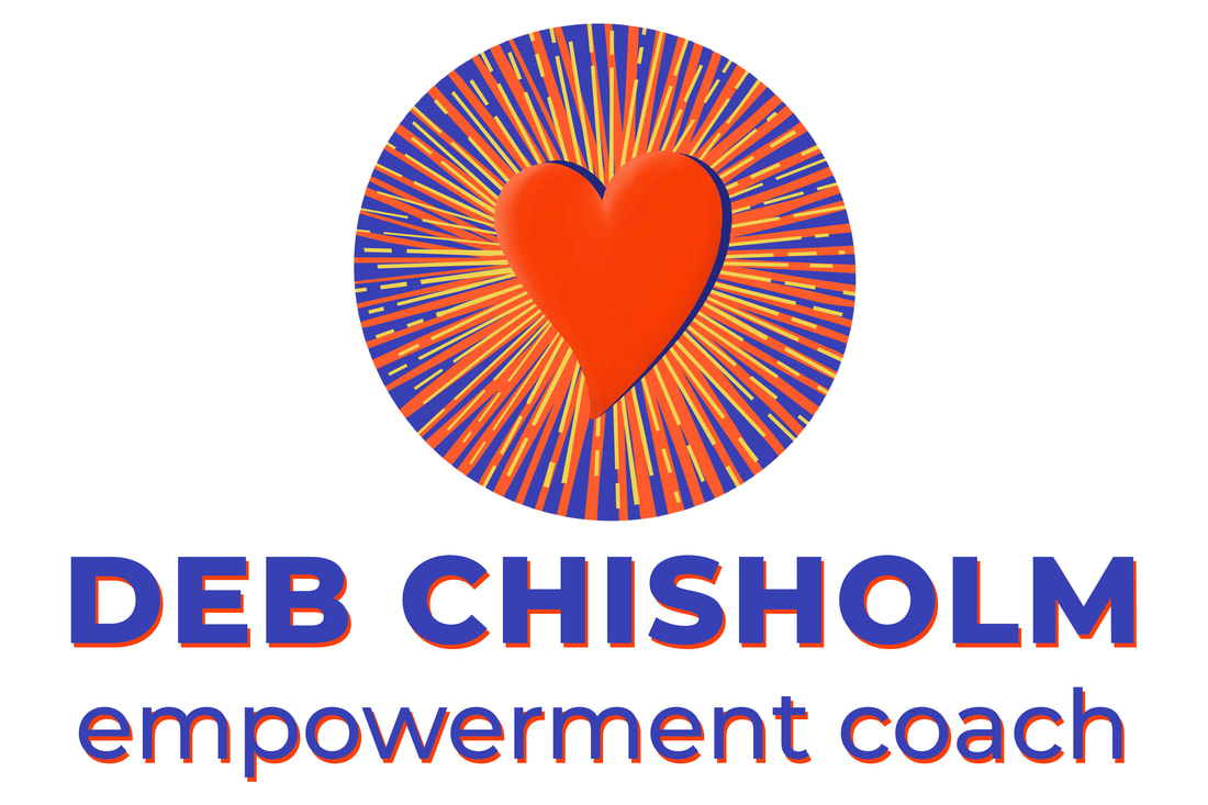 Deb Chisholm Empowerment Coach logo with dark blue-purple text with red-orange background. There is a heart with a multi-color corona behind the heart. 