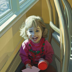 Digital drawing of a small child laughing, hiding behind furniture on the floors. She is in a bright pink sweater and overalls with a piece of paper and a red-lidded sippy cup in hand. The light is warm and sunny.