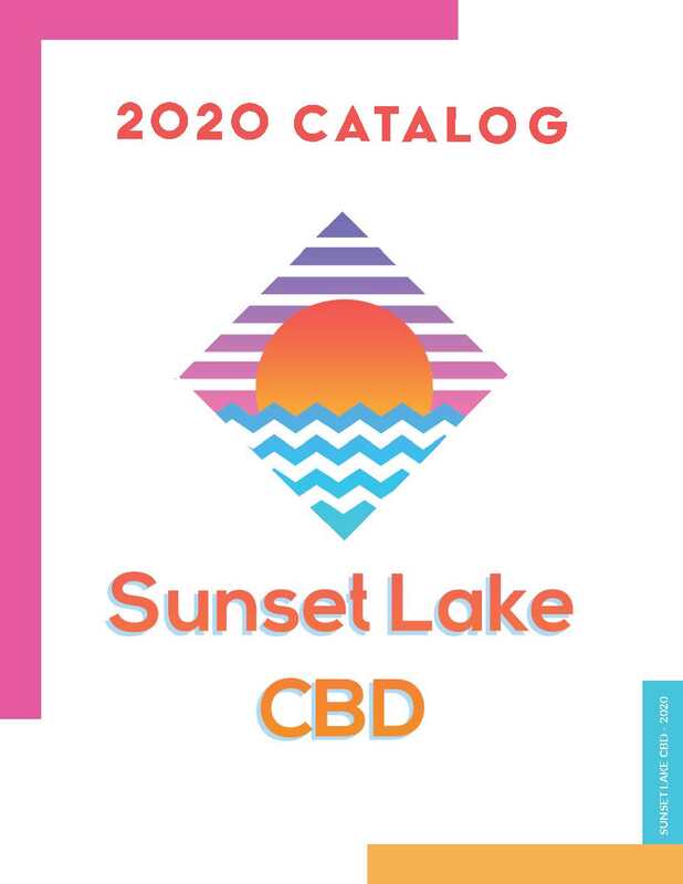 2020 Catalog Sunset Lake CBD cover with a full-color logo, and pink, blue and yellow details.