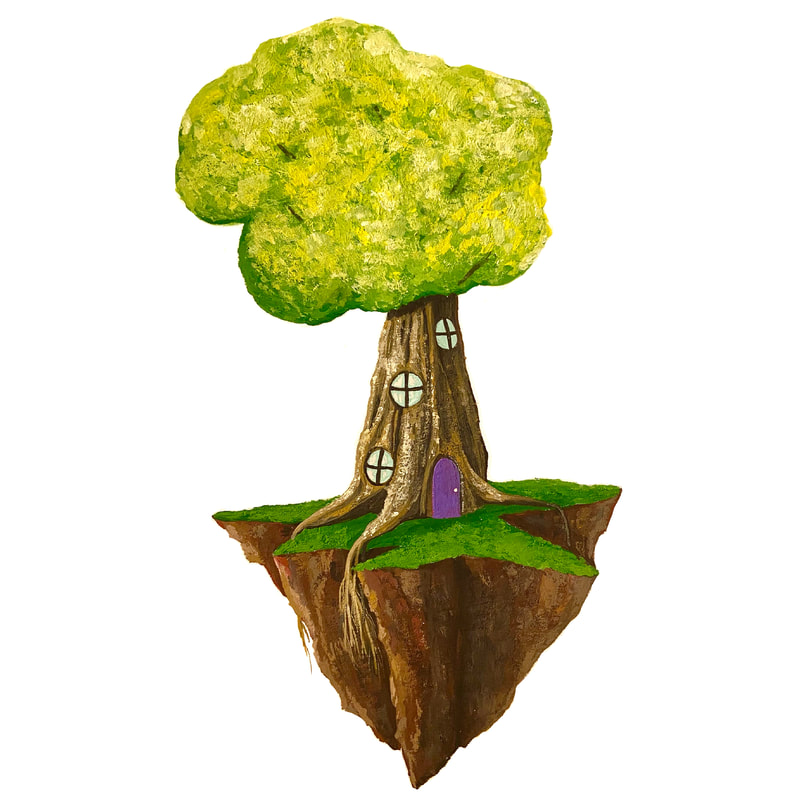 “Floating Home” Series painting picturing a tree with a cloud- shaped canopy of leaves, windows and door on the tree trunk, on a triangular chunk of land floating on a white background. 

