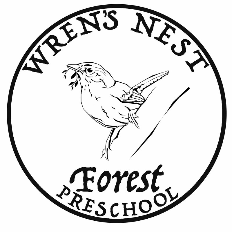 Wrens Nest Forest Preschool Logo, a black and white line drawing of a wren with leaves in its mouth, and holding on to a branch.